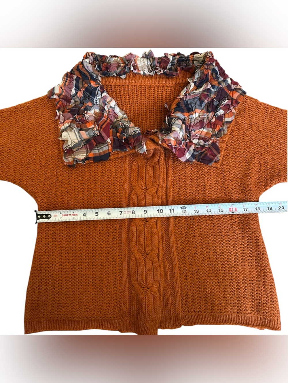 E-vie Orange Cable Knit Cardigan Upcycled Plaid Ruffle Collar Artsy OOAK Medium - Picture 6 of 9